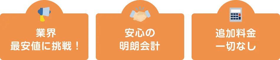 業界 最安値に挑戦！ 安心の明朗会計 追加料金一切なし